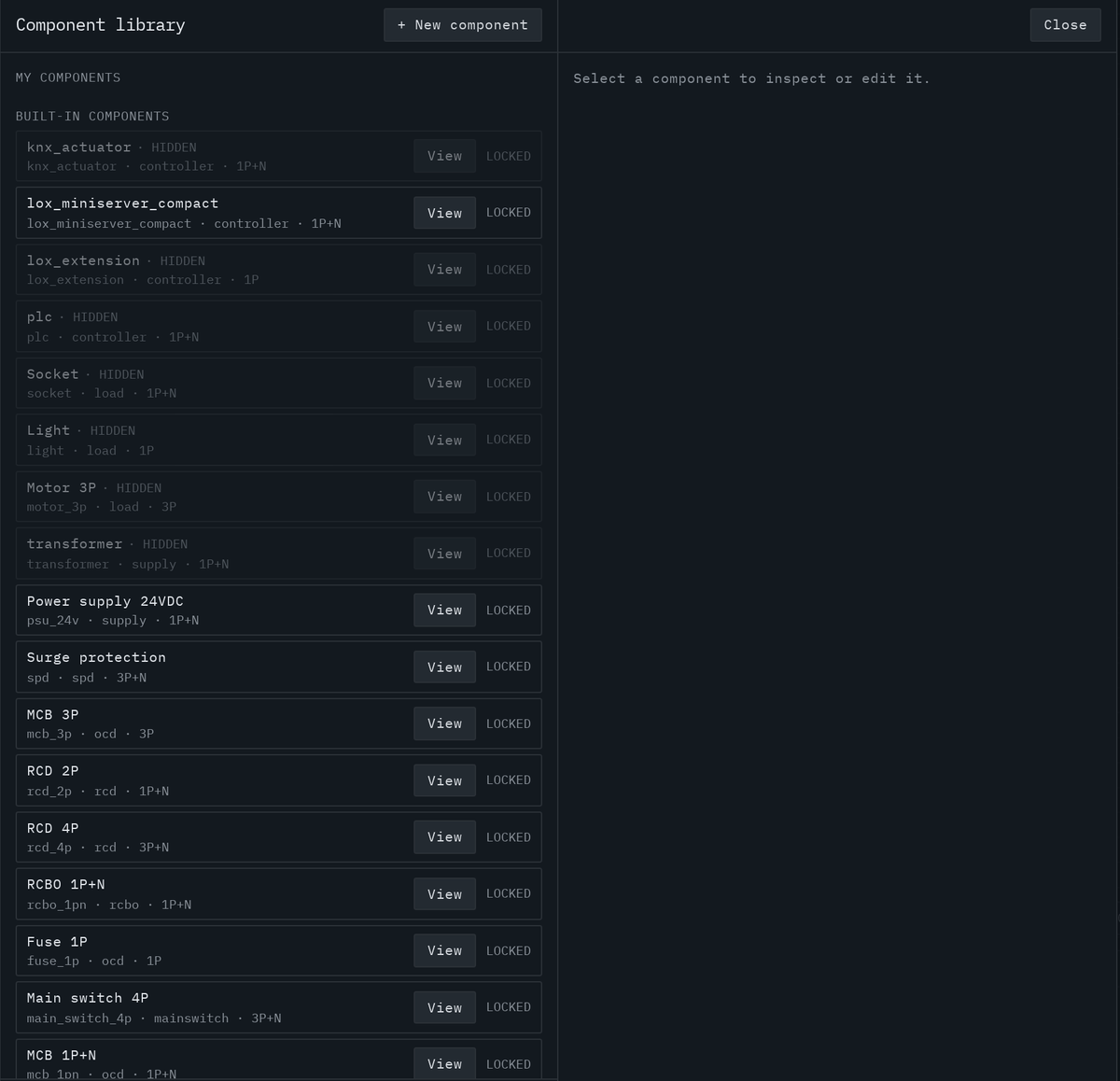 Component library dialog with built-in and user components